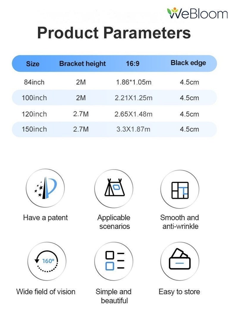 WeBloom 100-120-150 Inch Projector Screen with Dual Tripod Stand 16:9 4K HD Portable Outdoor Indoor Projector Screen Rear Front Projection Screen, Foldable Thick Milk Silk Outdoor Movie Screen With Carry Bag for Home Theater, Office Meetings, Outdoor Movies. - Image 5